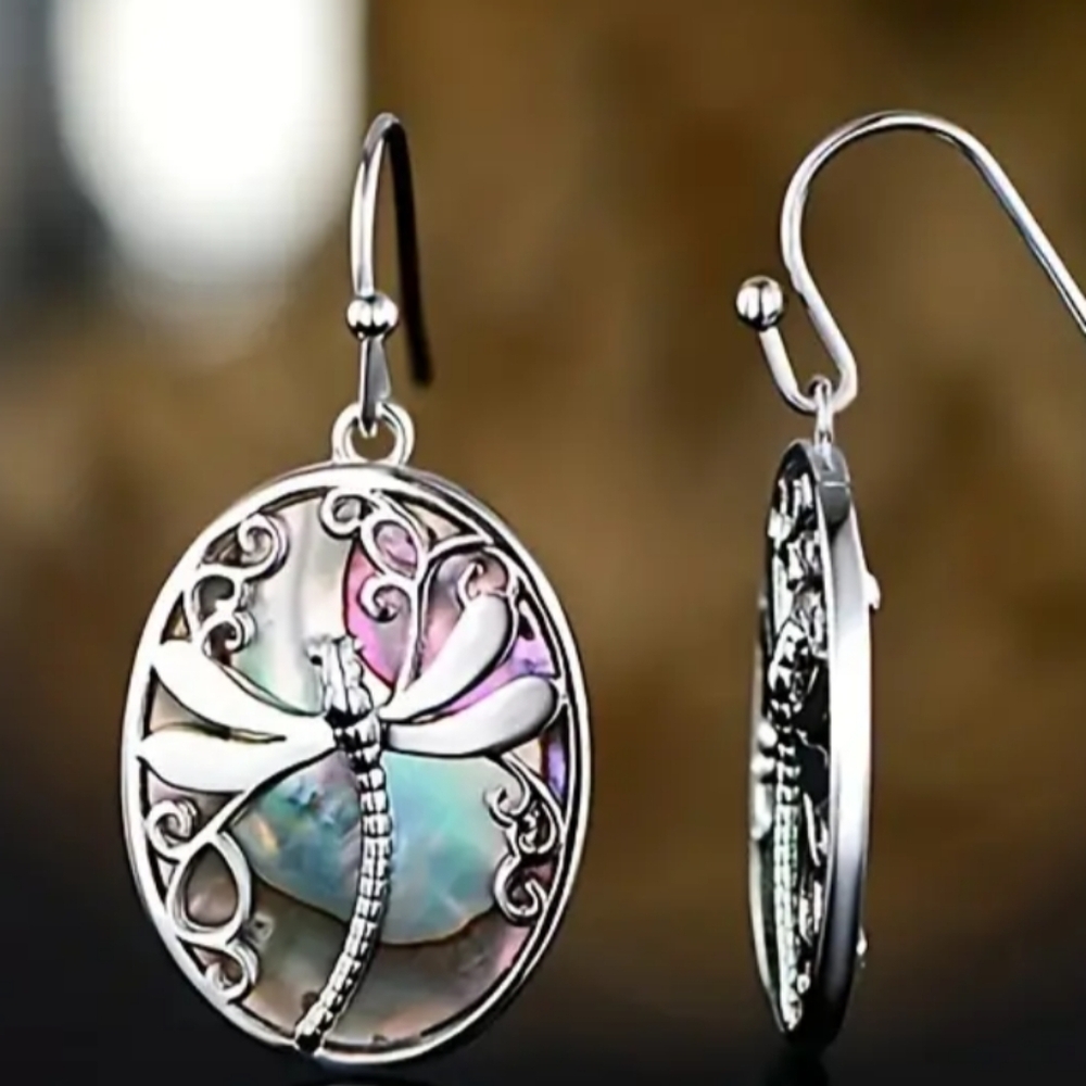 2/30$ Or 3/$35 Boho Chic Silver Dragonfly Earrings With Abalone Shell-(#0251)